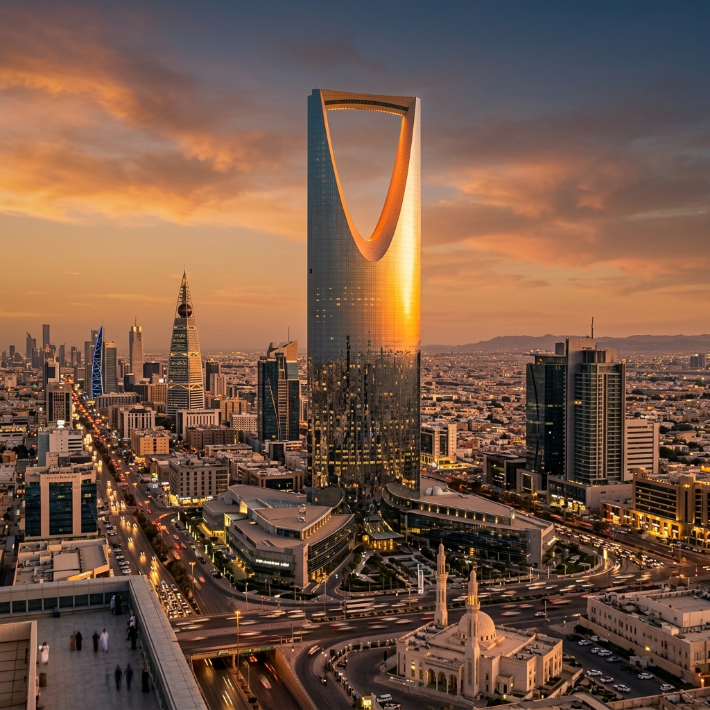 أفق مدينة الرياض السعودية وقت الغروب الذهبي يبرز برج المملكة، تعبيراً عن سوق الذهب